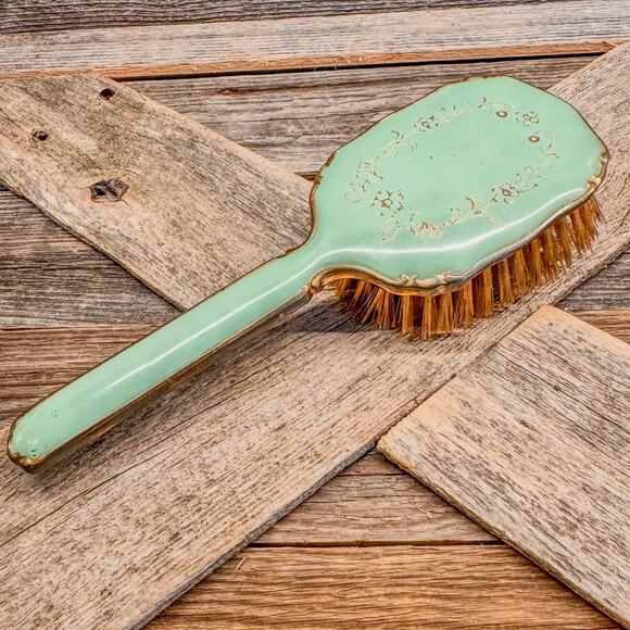 Antique Vanity Dressing Table Brush Set-Mint Green w/ Gold Trim-Delicate Floral - Picture 4 of 7